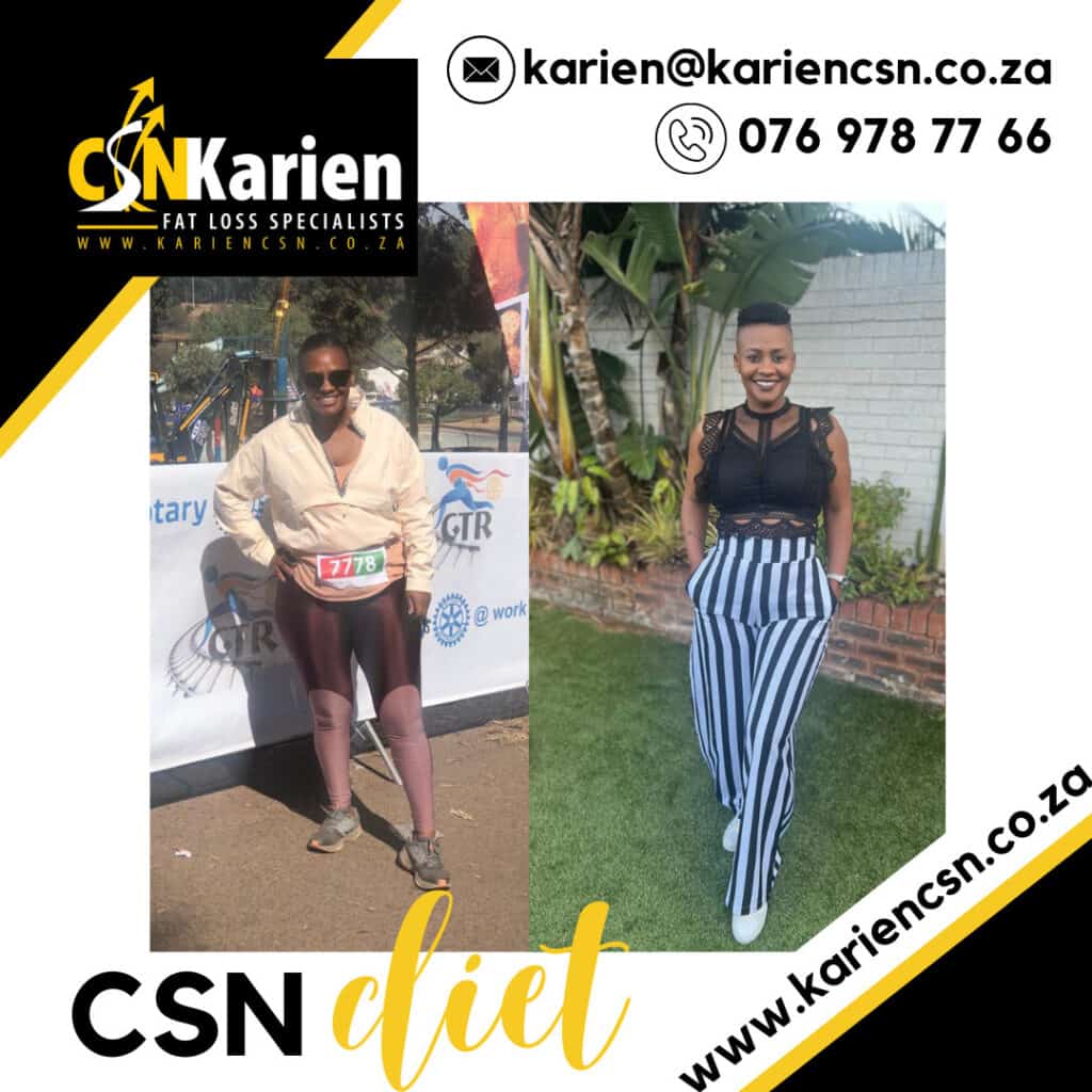 Before and after weight loss photos of a woman with Karien CSN.