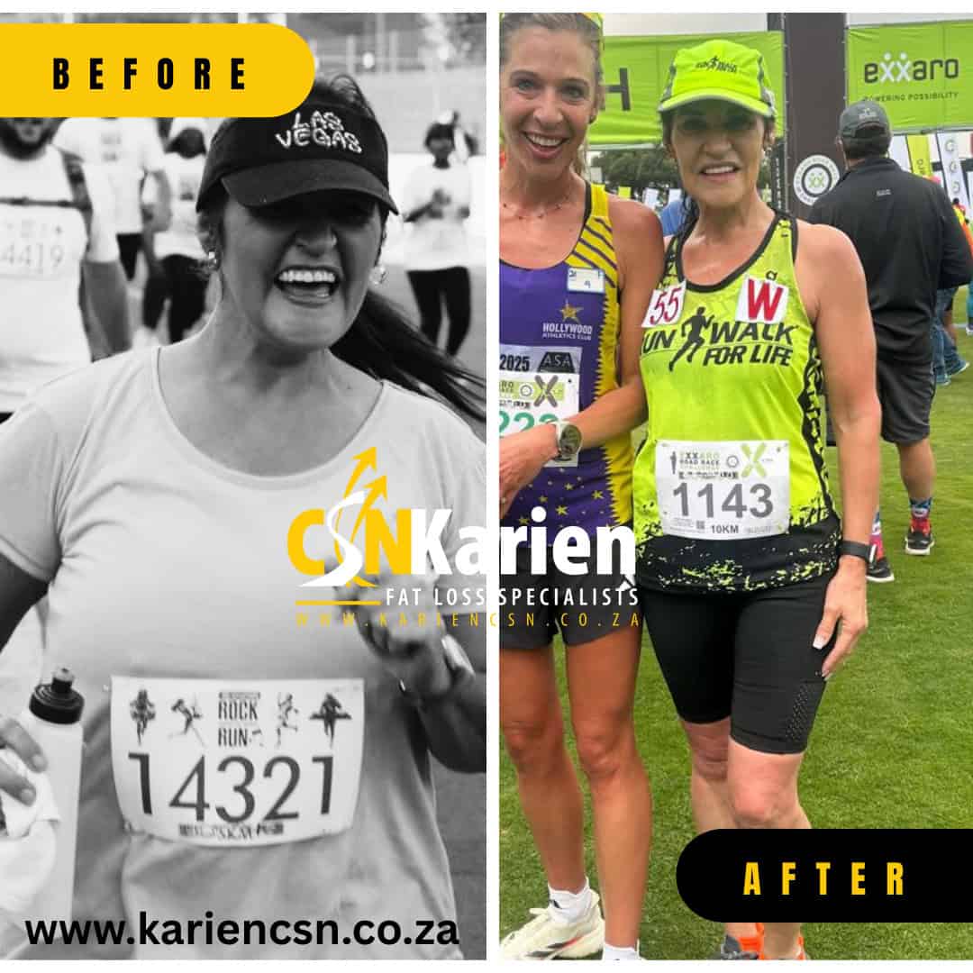 Karien Nel before and after losing 37 kg on the CSN diet